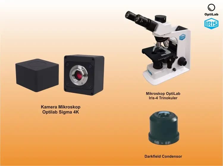Paket Iris 4 Mikroskop Biologi Trinokuler Dark Field, dan OptiLab 4K